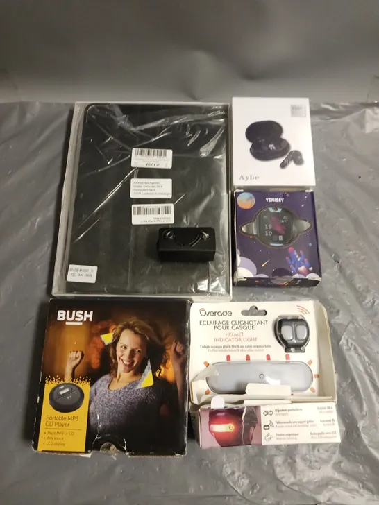 BOX OF APPROX 6 ASSORTED ITEMS TO INCLUDE - BUSH PORTABLE CD PLAYER - OVERADE HELMET INDICATOR LIGHT - YENISEY KIDS WATCH ETC 