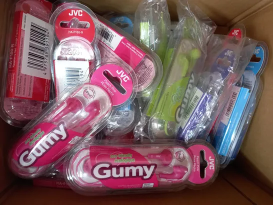 BOX OF APPROXIMATELY 20 ASSORTED JVC GUMY STEREO HEADPHONES IN VARIOUS COLOURS