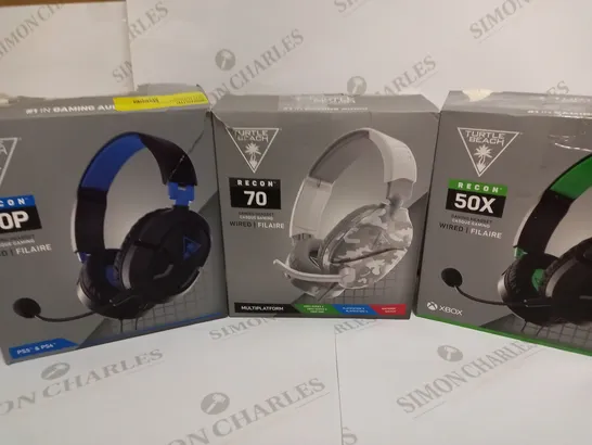 BOX OF 3 TURTLE BEACH WIRED GAMING HEADSETS INCLUDING RECON 50P (PS4/PS5), RECON 70 (MULTIPLATFORM) AND RECON 50X (XBOX)