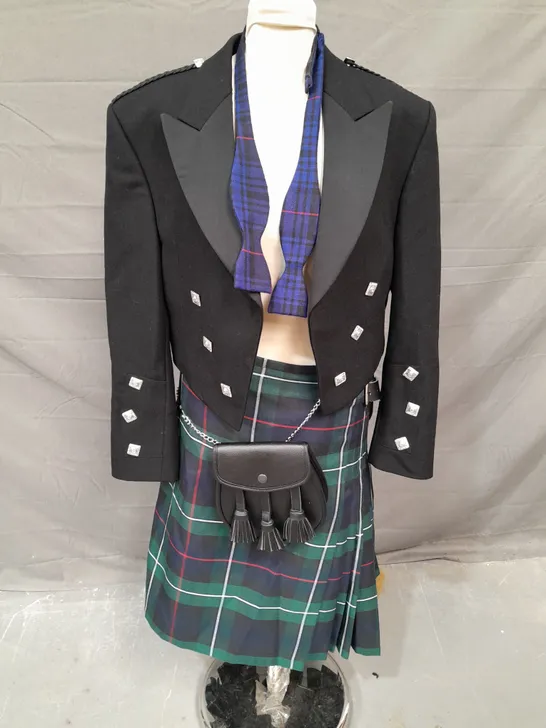 SCOTTISH KILT SUIT WITH BOW TIE IN BLACK/GREEN TARTAN JACKET SIZE 36R KILT SIZE 30/32