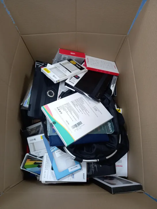LARGE BOX OF ASSORTED MOBILE PHONE AND COMPUTER ACCESSORIES TO INCLUDE PHONE CASES, TABLET PORTFOLIO STAND AND ADAPTORS