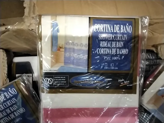 BOX CONTAINING APPROXIMATELY 35 BASARELI PVC SHOWER CURTAINS.