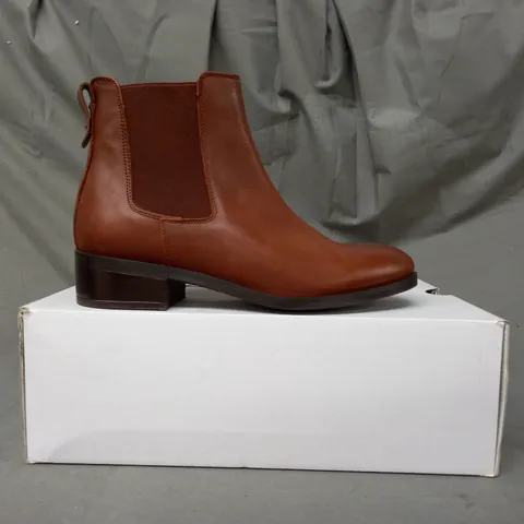 BOXED PAIR OF ALDO MEAVEN LEATHER ANKLE BOOTS IN BROWN UK SIZE 3