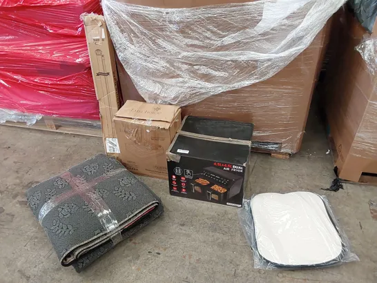 PALLET OF ASSORTED ITEMS INCLUDING: AIR FRYER, PREMIUM QUEEN SIZED RAISED AIR BED, LARGE RUG, RETRACTABLE SAFETY GATE, CUSHION