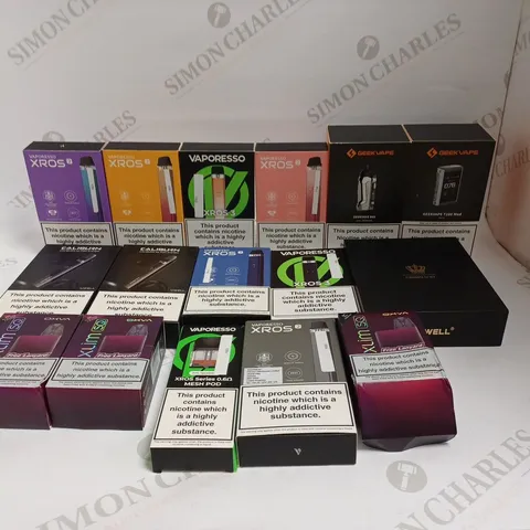 BOX OF APPROXIMATELY 25 E-CIGARETTE PRODUCTS TO INCLUDE VAPORESSO XROS 3, GEEKVAPE B60, GEEKVAPE T200 ETC