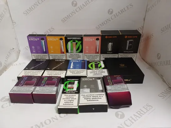 BOX OF APPROXIMATELY 25 E-CIGARETTE PRODUCTS TO INCLUDE VAPORESSO XROS 3, GEEKVAPE B60, GEEKVAPE T200 ETC