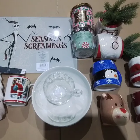 LOT OF ASSORTED SEASONAL ITEMS TO INCLUDE CHARACTER CUPS, SCENTED CANDLES, BOWLS AND ARTIFICIAL PLANTS 