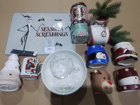 LOT OF ASSORTED SEASONAL ITEMS TO INCLUDE CHARACTER CUPS, SCENTED CANDLES, BOWLS AND ARTIFICIAL PLANTS 