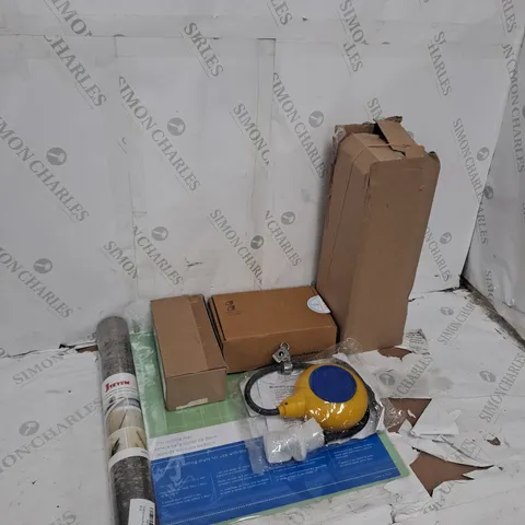 LARGE BOX OF APPROXIMATELY 15 ASSORTED HOUSEHOLD  ITEMS TOO INCLUDE WALLPAPER , CUTTING MAT , FLOAT SWITCH , ETC 