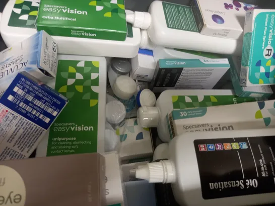 BOX OF APPROX 30 ASSORTED HEALTHCARE PRODUCTS TO INCLUDE VARIOUS CONTACT LENSES & SOLUTIONS 