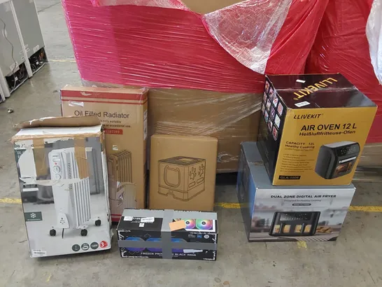 PALLET OF ASSORTED ITEMS INCLUDING: RADIATORS, AIR FRYERS, PC LIQUID COOLER, PET BOX