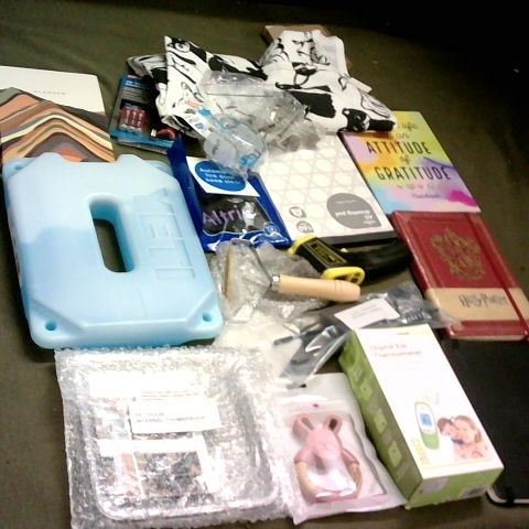 SMALL BOX OF ASSORTED ITEMS INCLUDING YETI ICE PACK, DIGITAL EAR THERMOMETER, HARRY POTTER NOTEBOOK