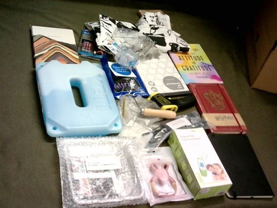 SMALL BOX OF ASSORTED ITEMS INCLUDING YETI ICE PACK, DIGITAL EAR THERMOMETER, HARRY POTTER NOTEBOOK