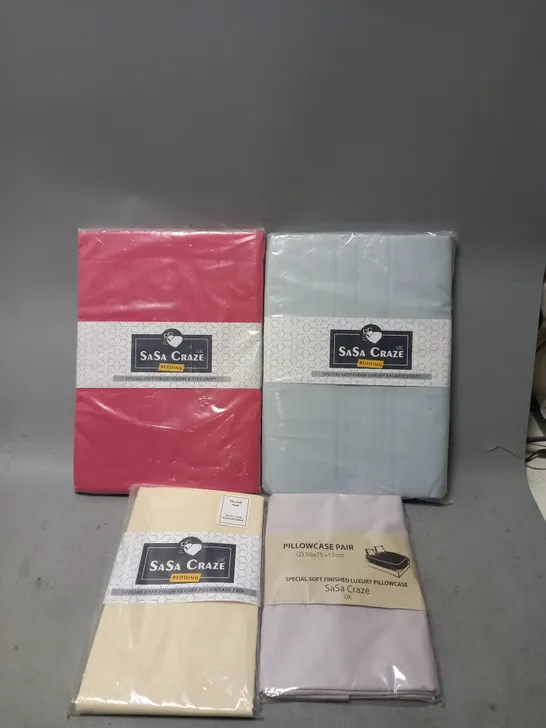 BOX OF APPROXIMATELY 10 ASSORTED SASA CRAZE BEDDING ITEMS TO INCLUDE - VALANCE SHEETS , PILLOWCASE PAIR , FITTED SHEET ETC