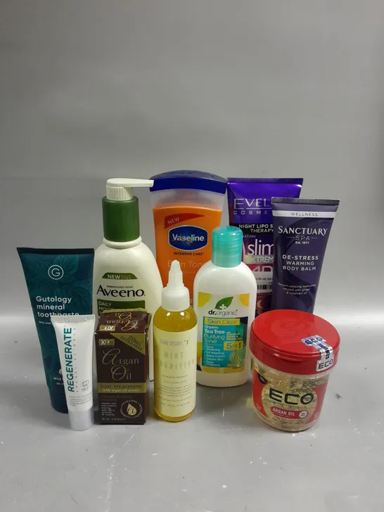 BOX OF 10 ASSORTED HEALTH AND BEAUTY ITEMS TO INCLUDE AVEENO DAILY MOISTERISING BODY LOTION (300ML), ECO ARGAN OIL STYLING GEL (236ML), VASELINE EVEN TONE BODY LOTION (400ML), ETC. 