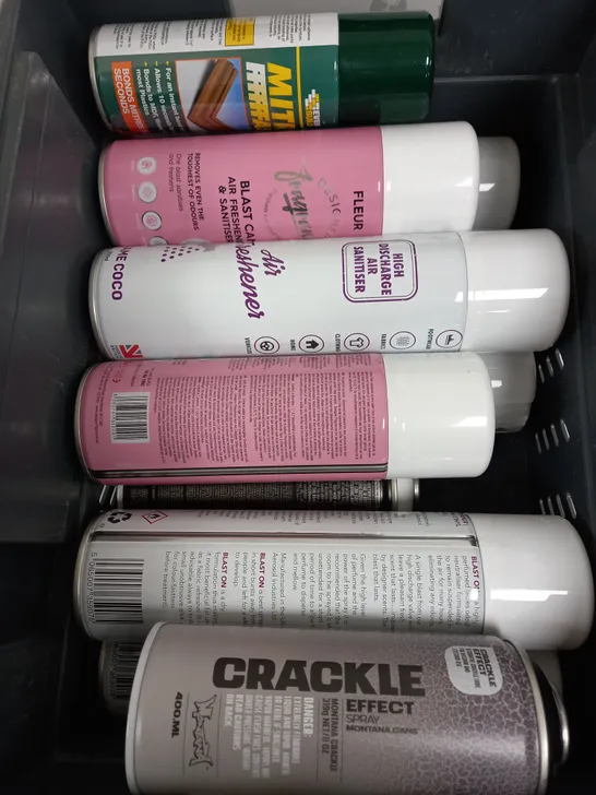 BOX OF APPROX 10 ASSORTED LIQUIDS TO INCLUDE - MITRE FAST, AIR FRESHNER, CRACKLE EFFECT SPRAY ETC