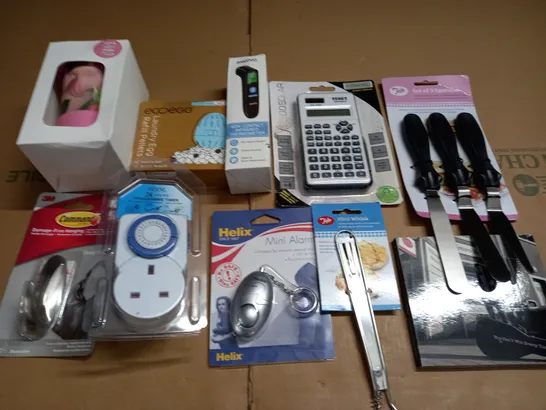 LOT OF 15 ASSORTED HOUSEHOLD ITEMS TO INCLUDE NON CONTACT THERMOMETER, CALCULATOR AND SIMPLE SHEETS