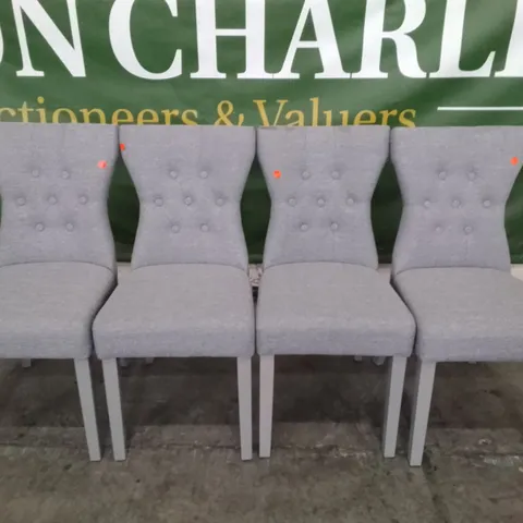 SET OF 4 BEWLEY LIGHT GREY FABRIC BUTTON BACK DINING CHAIRS (GREY LEGS)