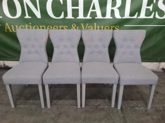 SET OF 4 BEWLEY LIGHT GREY FABRIC BUTTON BACK DINING CHAIRS (GREY LEGS)