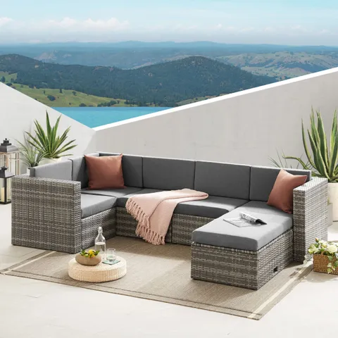 BOXED THE TATTON LARGE GREY CORNER RATTAN 6 SEAT SOFA SET (3 BOXES)