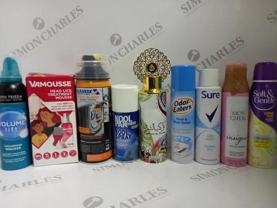 BOX OF APPROX 12 ASSORTED AEROSOLS TO INCLUDE JOHN FRIEDA THICKENING MOUSSE, SURE DEODORANT, SOFT&GENTLE DEODORANT, ETC 