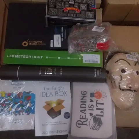 PALLET OF ASSORTED ITEMS INCLUDING LED METEOR LIGHT, MONEY HEIST MASK, THE BRIGHT IDEA BOX BOOK, THE TRUSTED LEADER JOURNAL, DESK MAT, EPSON INK CARTRIDGES 