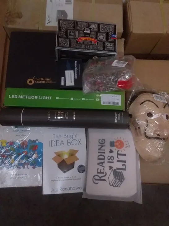 PALLET OF ASSORTED ITEMS INCLUDING LED METEOR LIGHT, MONEY HEIST MASK, THE BRIGHT IDEA BOX BOOK, THE TRUSTED LEADER JOURNAL, DESK MAT, EPSON INK CARTRIDGES 