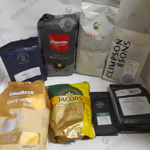 BOX OF APPROXIMATELY 10 ASSORTED COFFEE PRODUCTS TO INCLUDE PIACETTO ESPRESSO SUPREMO, CLIMPSONS & SONS THE ESTATE BEANS, REDEMPTION ROASTERS NOEL BLEND ETC