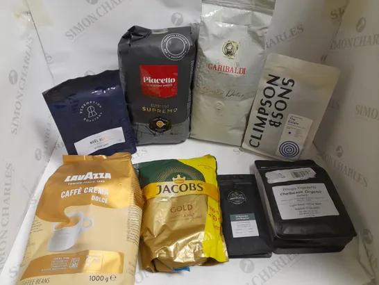 BOX OF APPROXIMATELY 10 ASSORTED COFFEE PRODUCTS TO INCLUDE PIACETTO ESPRESSO SUPREMO, CLIMPSONS & SONS THE ESTATE BEANS, REDEMPTION ROASTERS NOEL BLEND ETC