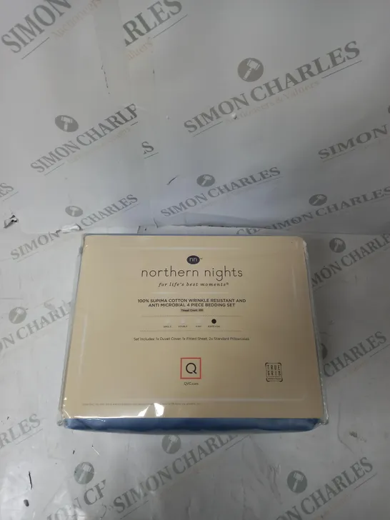 PACKAGED NORTHERN NIGHTS 100% SUPIMA COTTON WRINKLE RESISTANT AND ANTI MICROBIAL 4 PIECE BEDDING SET. 