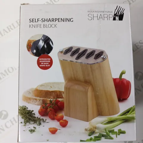 BRAND NEW BOXED GRUNWERG ROCKINGHAM FORGE SHARP SELF-SHARPENING KNIFE BLOCK RUBBER WOOD KB-100RM 