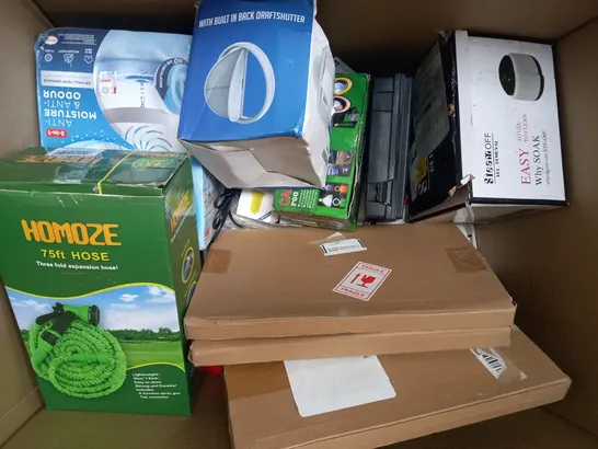 BOX OF APPROXIMATELY 15 ASSORTED HOUSEHOLD ITEMS TO INCLUDE LED STRING LIGHTS, UNIBOND AERO 360 PURE MOISTURE ABSORBER, UBIQUITI POE ADAPTER, ETC