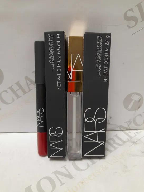 LOT OF 2 NARS PRODUCTS TO INCLUDE AFTERGLOW LIPSHINE - TRIPLE X & VELVET MATTE LIP PENCIL - 2477 MYSTERIOUS RED 