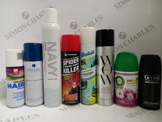 BOX OF APPROX 12 ASSORTED AEROSOLS TO INCLUDE PAVERS PROTECTOR SPRAY, BATISTE DRY SHAMPOO, COLORWOW FINISHING SPRAY, ETC 