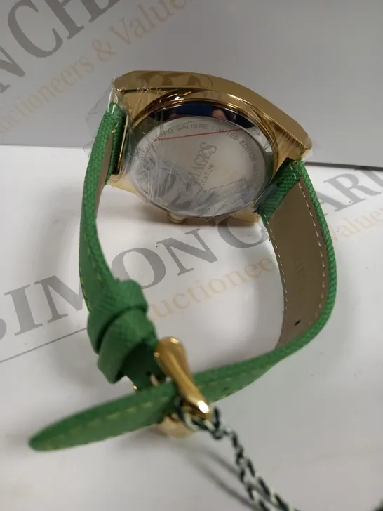 BOXED GAMAGES RETRO CALIBRE GOLD EFFECT CASE GREEN STRAP WATCH 