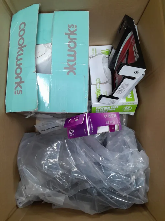 BOX OF APPROXIMATELY 10 ASSORTED ITEMS TO INCLUDE KETTLE, POWDERED GLOVES, LED BULB ETC