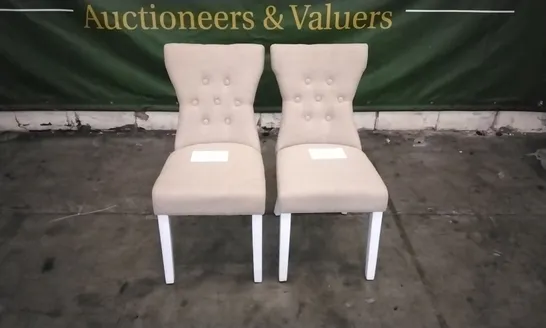 PAIR OF BEWLEY OATMEAL FABRIC BUTTON BACK DINING CHAIRS WITH WHITE LEGS