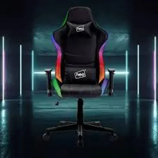 BOXED NEO LED LIGHTS RACING GAMING COMPUTER OFFICE SWIVEL RECLINER LUMBAR SUPPORT LEATHER CHAIR - BLACK (1 BOX)