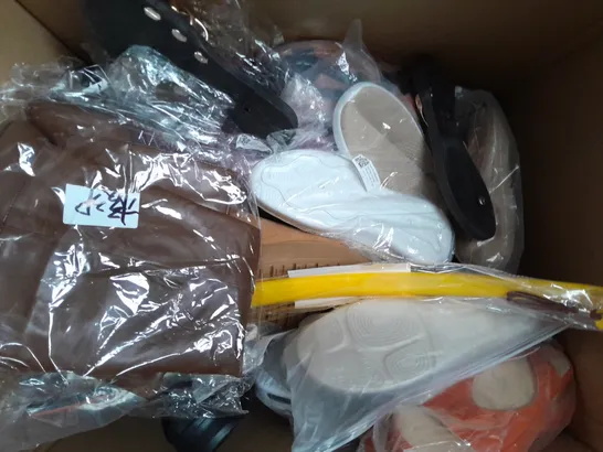 BOX OF APPROXIMATELY 20 ASSORTED PAIRS OF SHOES AND FOOTWEAR ITEMS IN VARIOUS COLOURS, STYLES, AND SIZES - COLLECTION ONLY