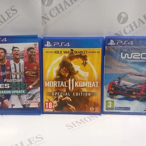 3 ASSORTED PLAYSTATION 4 GAMES TO INCLUDE; MORTAL KOMBAT II, W2C GENERATIONS AND FOOTBALL PES 2021