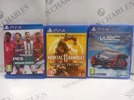 3 ASSORTED PLAYSTATION 4 GAMES TO INCLUDE; MORTAL KOMBAT II, W2C GENERATIONS AND FOOTBALL PES 2021