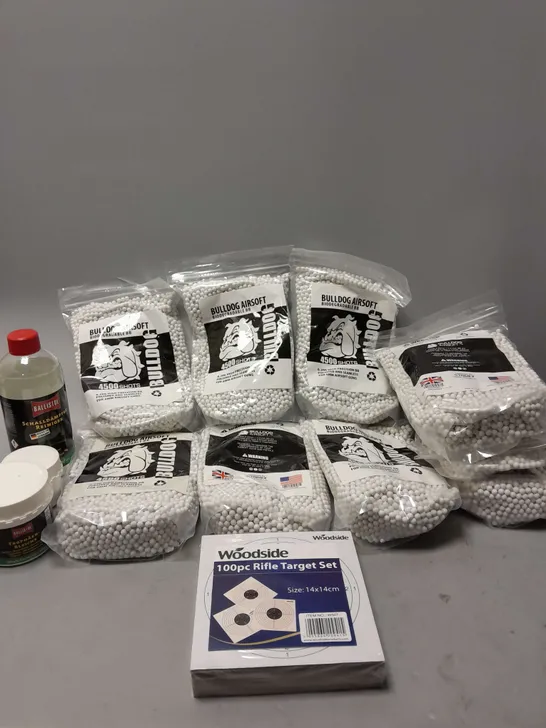 APPROXIMATELY 15 AIRSOFT PRODUCTS TO INCLUDE BULLDOG AIRSOFT PELLETS, WOODSIDE RIFLE TARGETS, SILENCER CLEANER, ETC - COLLECTION ONLY