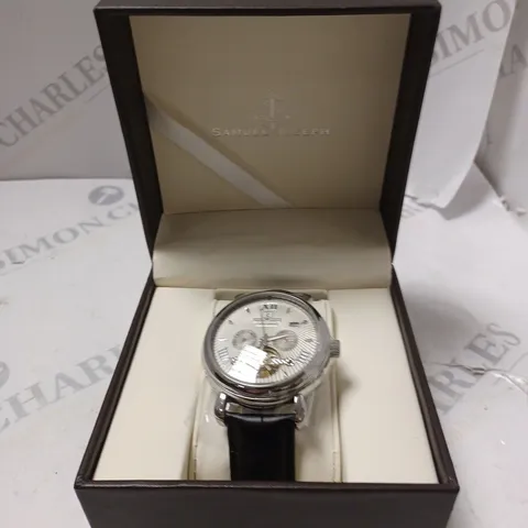 BOXED SAMUEL JOSEPH AUTOMATIC STEEL GREY WATCH WITH LEATHER STRAP