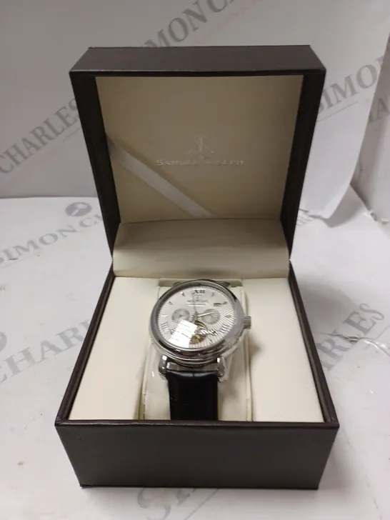 BOXED SAMUEL JOSEPH AUTOMATIC STEEL GREY WATCH WITH LEATHER STRAP