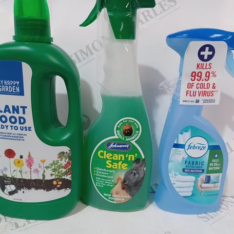 APPROXIMATELY 10 ASSORTED HOUSEHOLD ITEMS TO INCLUDE MY HAPPY GARDEN PLANT FOOD, JOHNSON'S CLEAN 'N' SAFE, FEBREZE FABRIC REFRESHER, ETC - COLLECTION ONLY