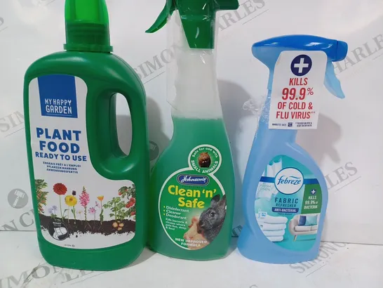 APPROXIMATELY 10 ASSORTED HOUSEHOLD ITEMS TO INCLUDE MY HAPPY GARDEN PLANT FOOD, JOHNSON'S CLEAN 'N' SAFE, FEBREZE FABRIC REFRESHER, ETC - COLLECTION ONLY