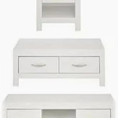 BOXED GRADE 1 CLANFORD 3 PIECE PACKAGE COFFEE TABLE, LAMP TABLE AND TV UNIT WHITE (2 BOXES)