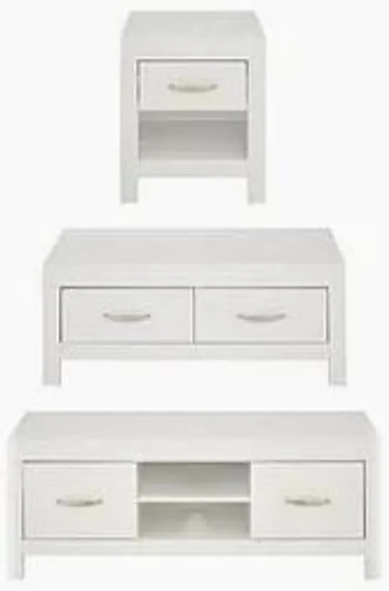 BOXED GRADE 1 CLANFORD 3 PIECE PACKAGE COFFEE TABLE, LAMP TABLE AND TV UNIT WHITE (2 BOXES)