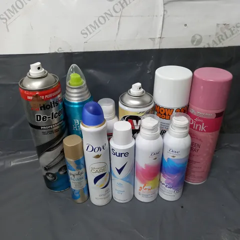 BOX OF APPROXIMATELY 10 ASSORTED AEROSOLS TO INCLUDE - CLIPPERCIDE SPRAY - AUTOWAX INSTANT SPRAY & SHINE - ENSTILAR CUTANEOUS FOAM - ETC - COLLECTION ONLY