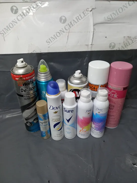 BOX OF APPROXIMATELY 10 ASSORTED AEROSOLS TO INCLUDE - CLIPPERCIDE SPRAY - AUTOWAX INSTANT SPRAY & SHINE - ENSTILAR CUTANEOUS FOAM - ETC - COLLECTION ONLY